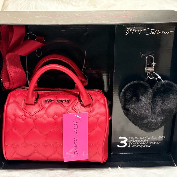 Betsey Johnson Red Quilted Satchel with Black Heart Keychain - Picture 2 of 4
